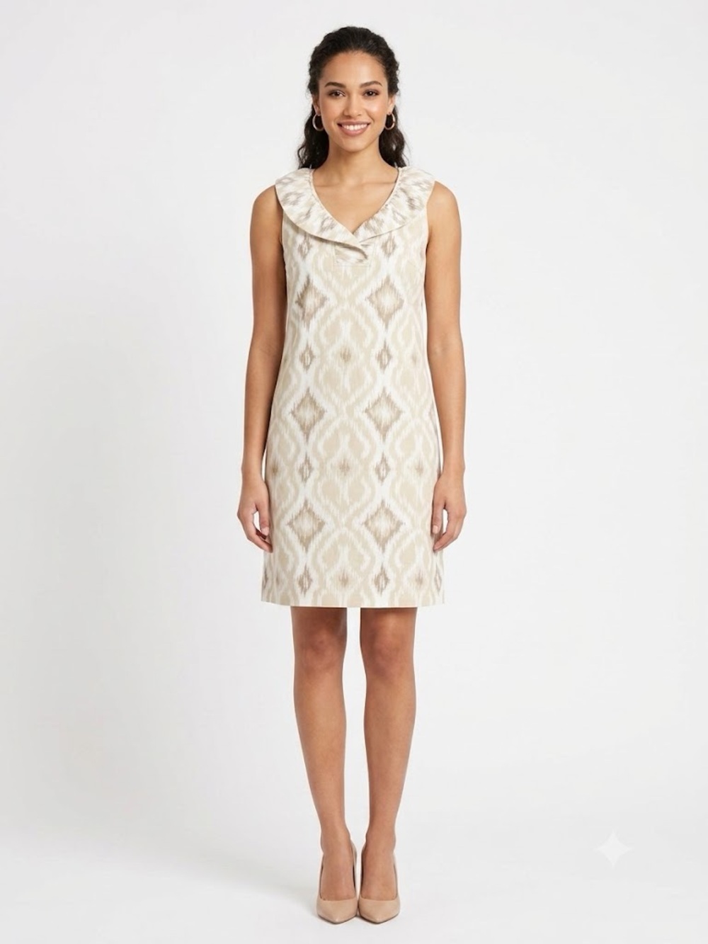 Gretchen Scott Designs Ikat Print Ruffle Collar Shift Dress Beige Taupe Size Med
